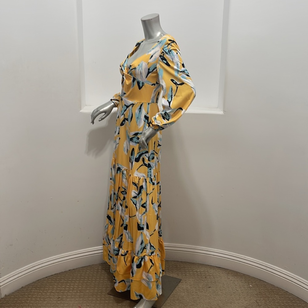 CHICWAYS Women Long Sleeve Tiered Yellow Multi Floral Maxi Dress Size Various - Picture 12 of 15